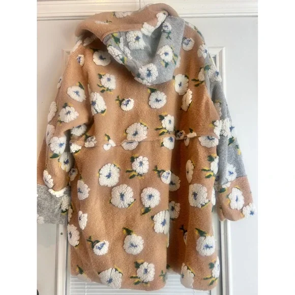 NEW DAVI & DANI Elegant Tan and Brown Flower Coat Hooded Buttons Women's Sz L - Picture 2 of 9